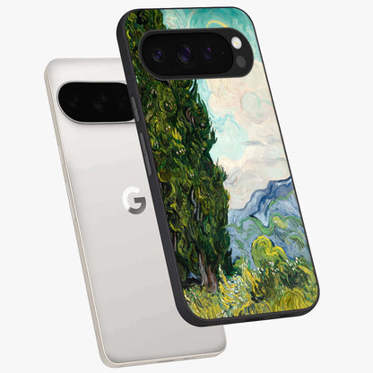 Van Gogh Vintage Art Glass Case displayed in angled mockup highlighting textured brushstroke design with classic aesthetic.