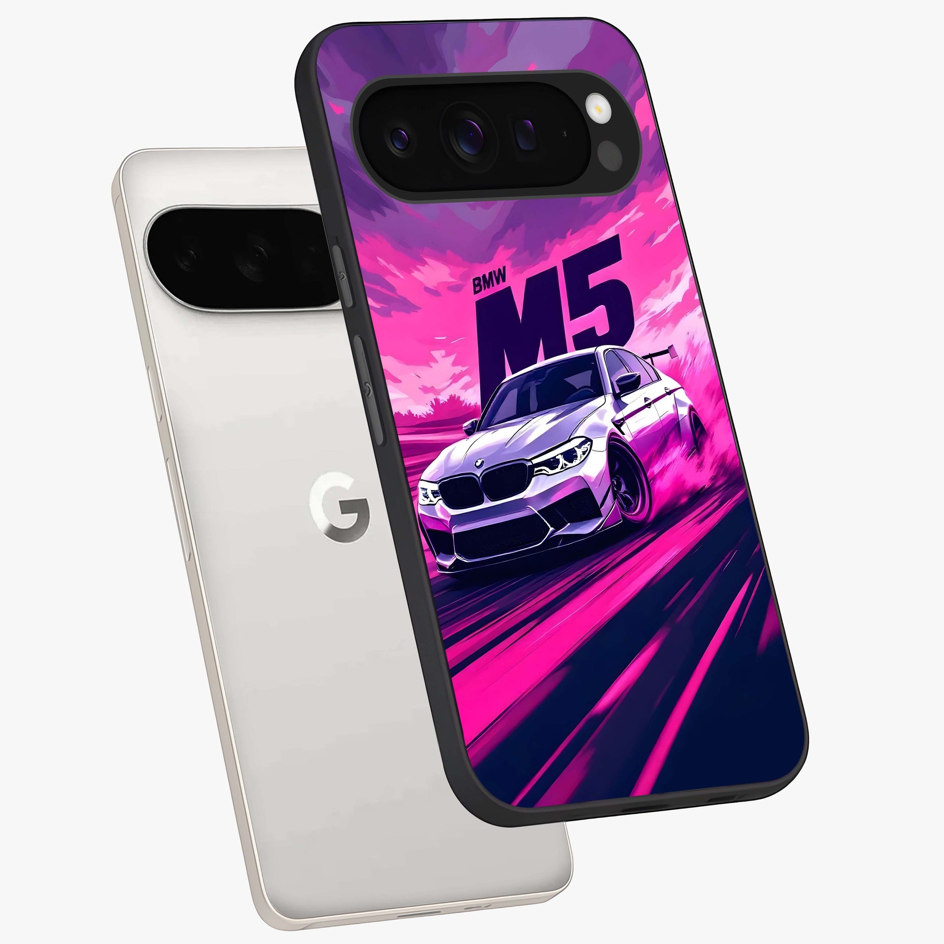 Velocity Drift Pulse Glass Case displayed in angled mockup highlighting dynamic drift design with sporty automotive aesthetic.