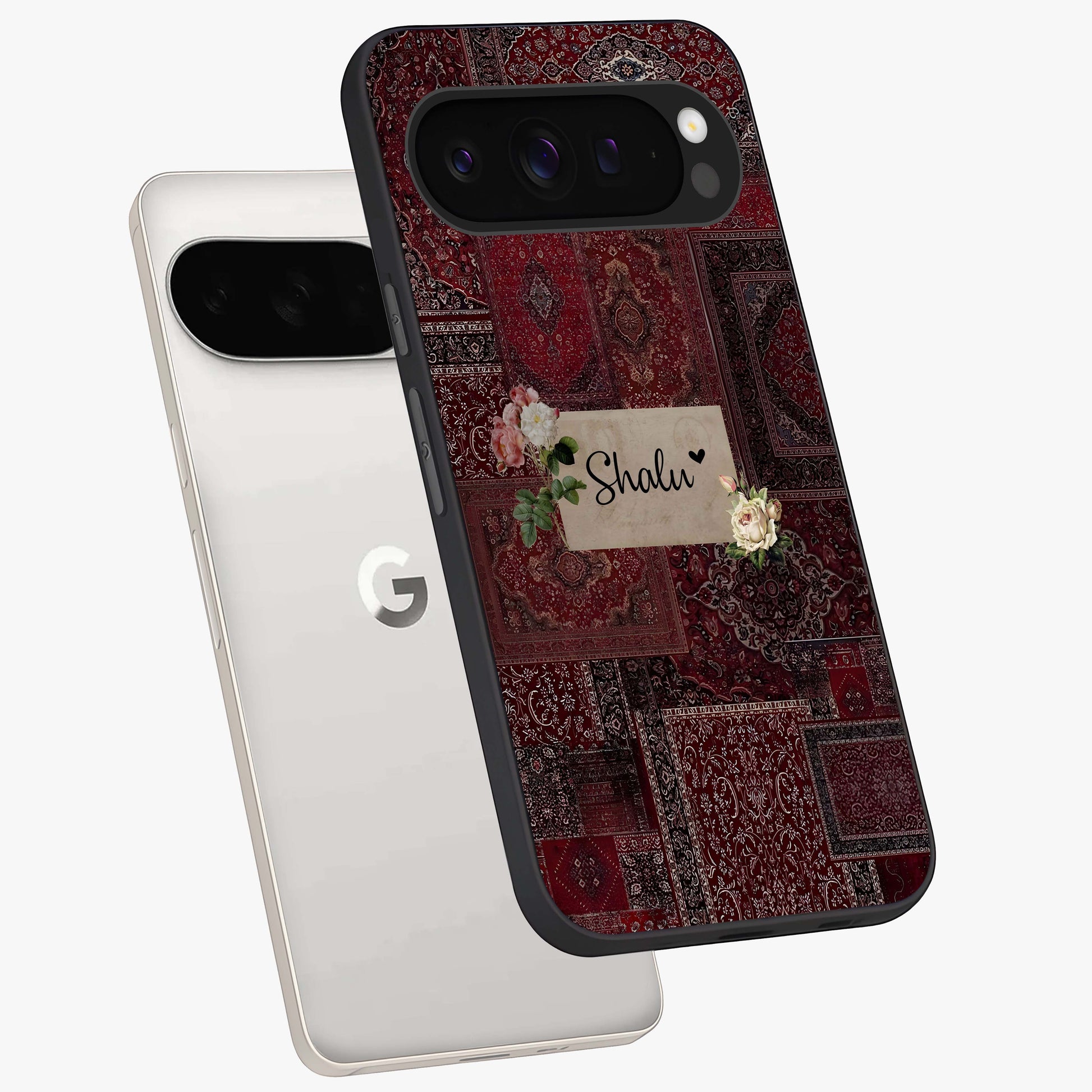 Velvet Wine Pattern Custom Name Glass Case displayed in angled mockup highlighting decorative velvet inspired design with custom name feature.