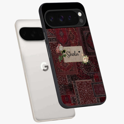 Velvet Wine Pattern Custom Name Glass Case displayed in angled mockup highlighting decorative velvet inspired design with custom name feature.