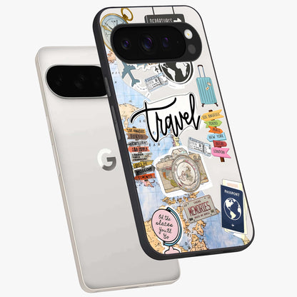 Wanderlust Journal Glass Case displayed in angled mockup highlighting adventure themed design with aesthetic travel vibe.