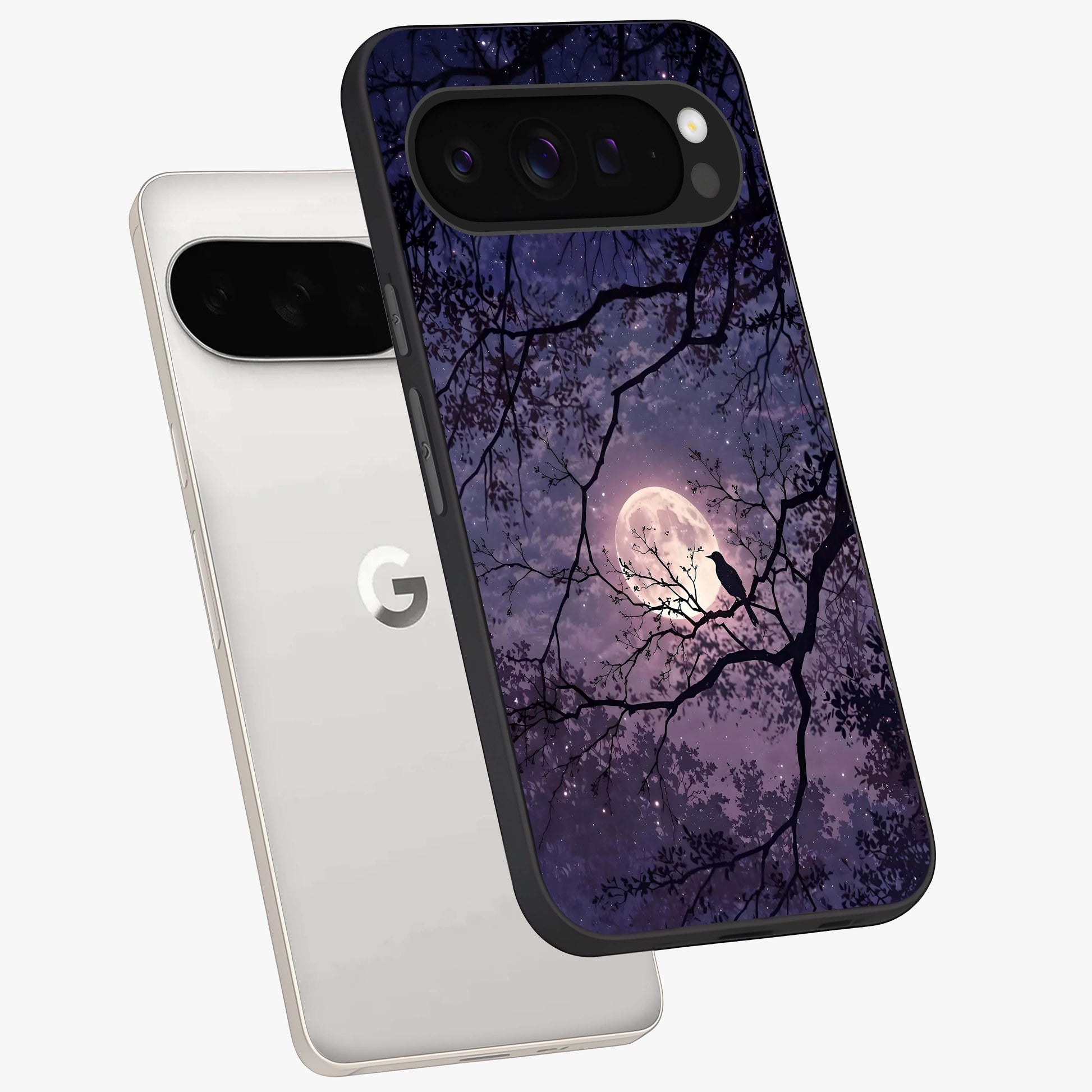 Whispering Moon Silence Glass Case displayed in angled mockup highlighting calm lunar design with dreamy night aesthetic.