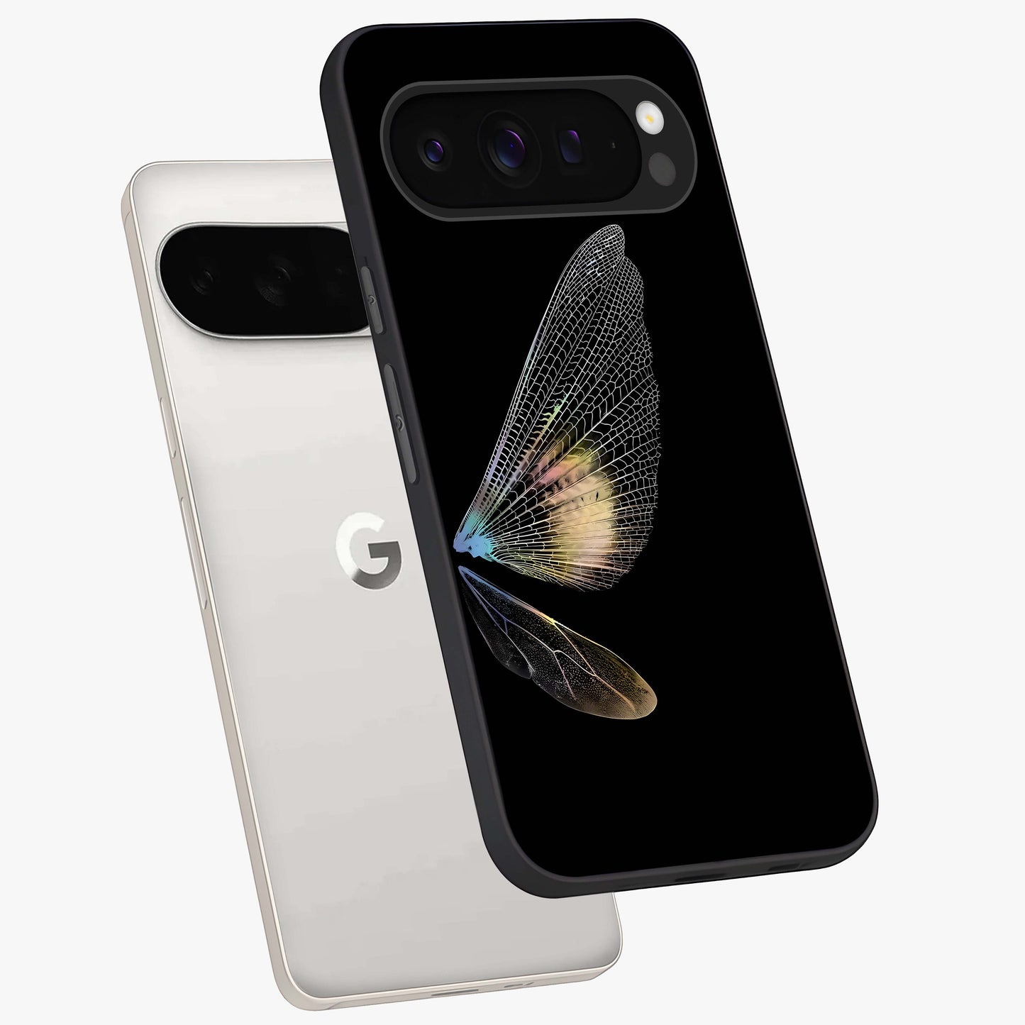Whispers Of Wings Glass Case displayed in angled mockup highlighting soft feather design with celestial aesthetic style.