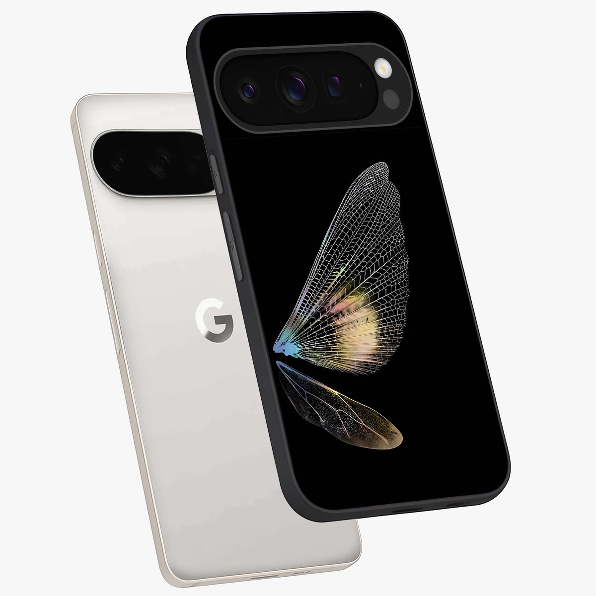 Whispers Of Wings Glass Case displayed in angled mockup highlighting soft feather design with celestial aesthetic style.