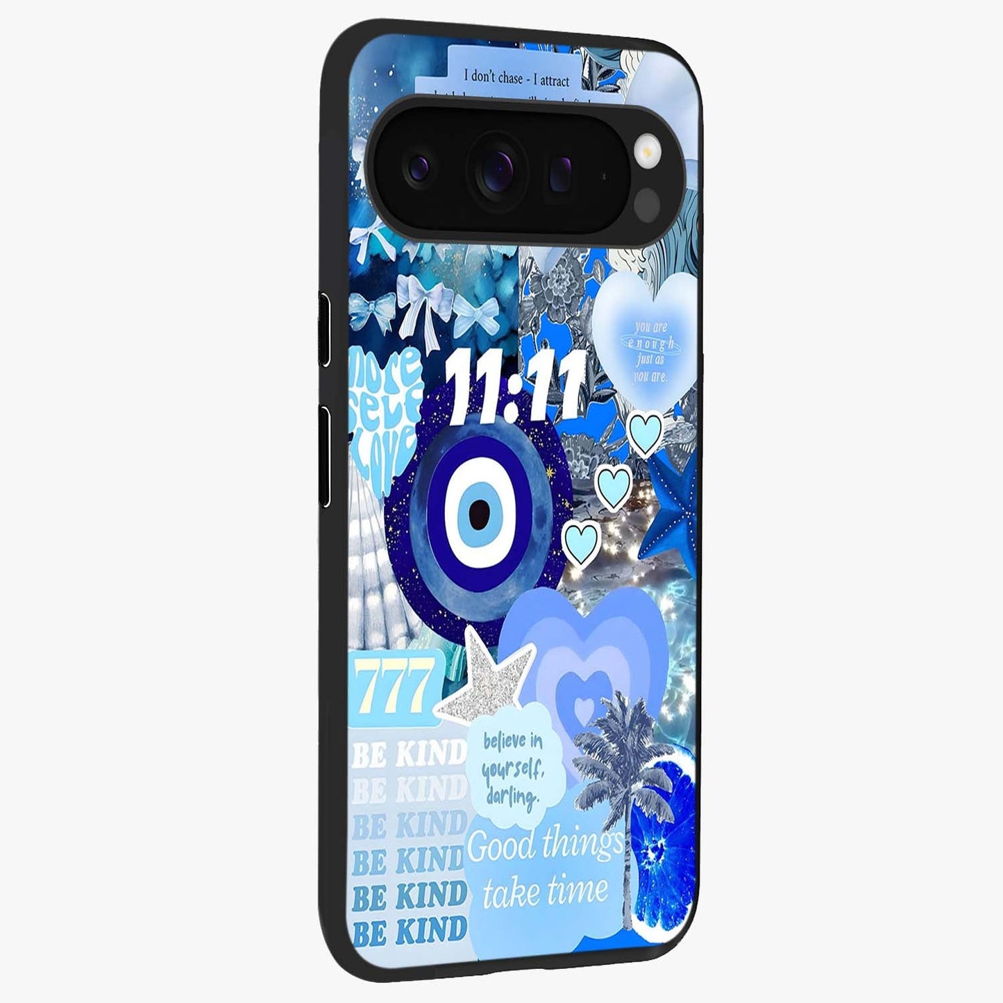 Aesthetic Be Kind Eye Glass Case upright view showcasing stylish eye illustration with positive message theme.