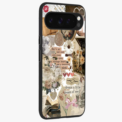 Aesthetic Brown Vintage Collage Glass Case upright view showcasing nostalgic retro artwork with stylish vintage theme.