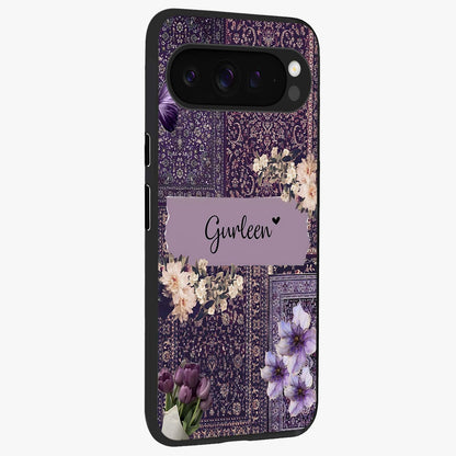 Antique Floral Whisper Custom Name Glass Case upright view showcasing delicate floral artwork with custom name feature.