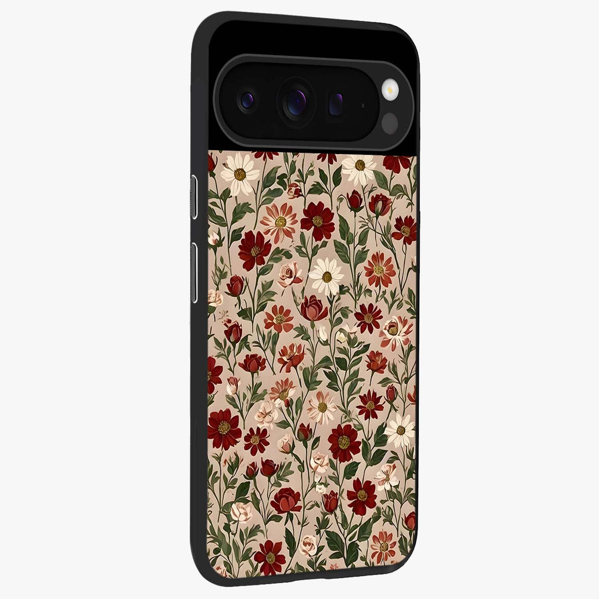 Biege Flower With Leaf Glass Case upright view showcasing delicate beige flower illustration with clean botanical style.