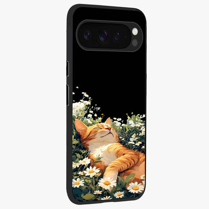 Blissful Bloom Cat Glass Case upright view showcasing charming cat design surrounded by blooming floral elements.