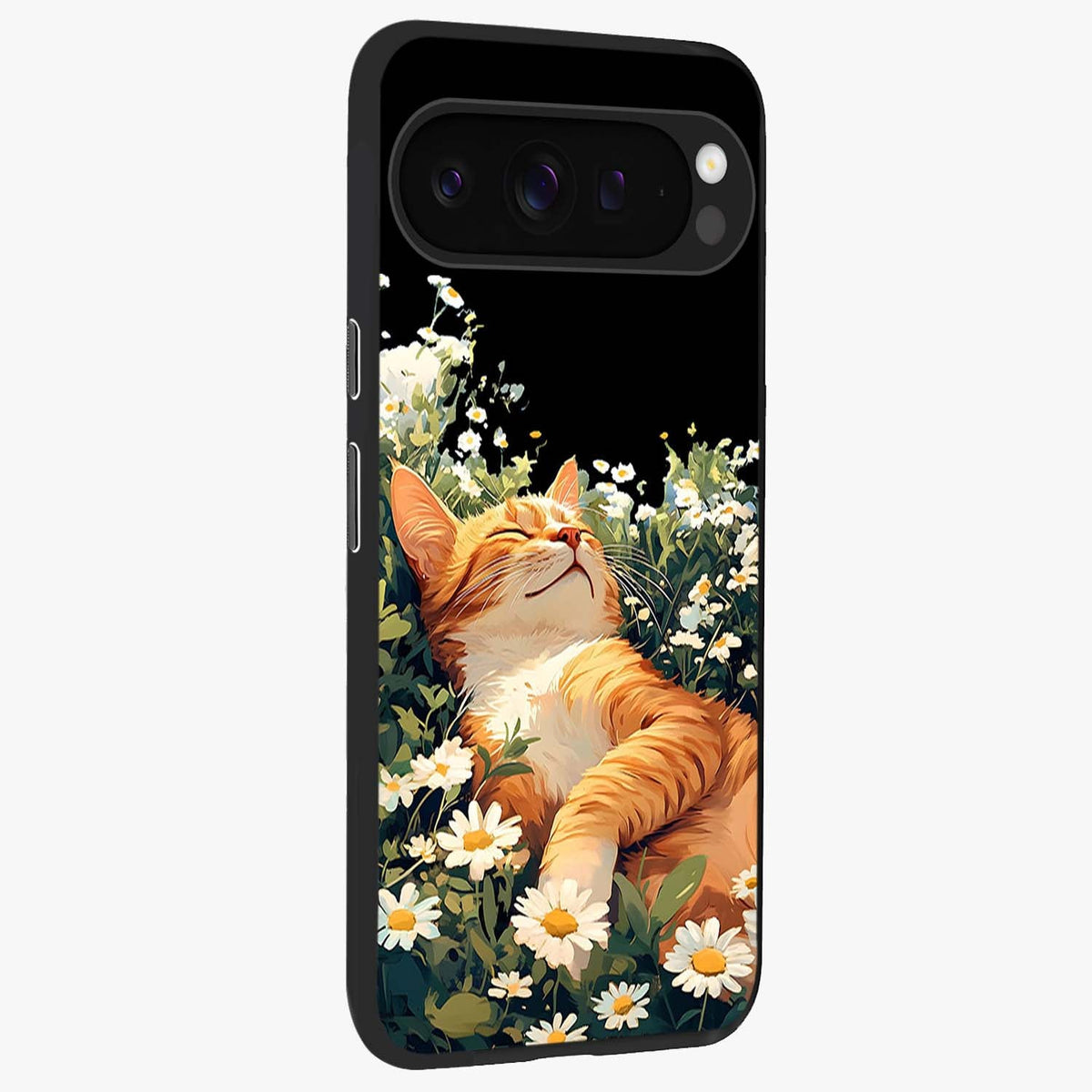 Blissful Bloom Cat Glass Case upright view showcasing charming cat design surrounded by blooming floral elements.
