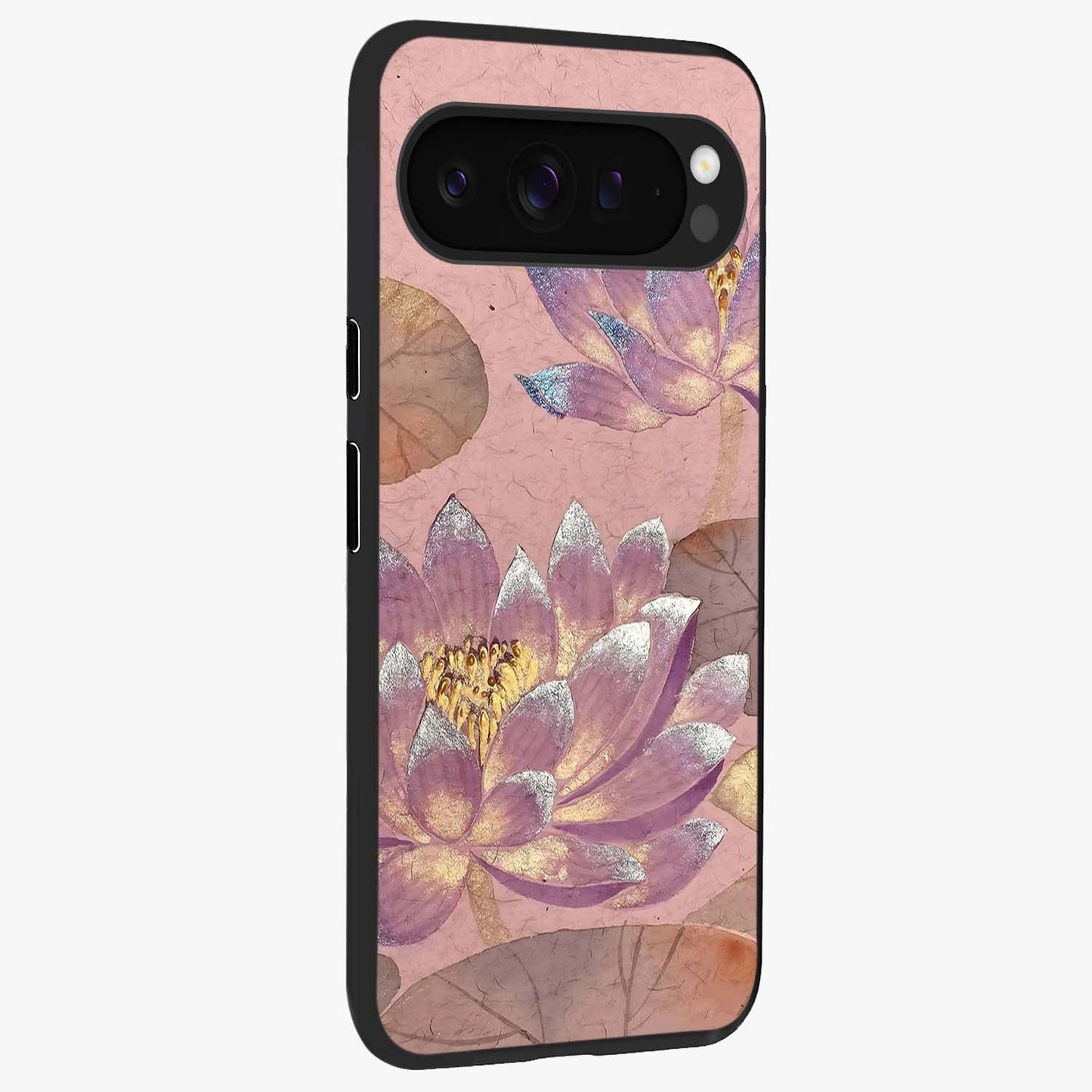 Blossom Mist Lotus Glass Case upright view showcasing graceful lotus flower design with peaceful botanical style.