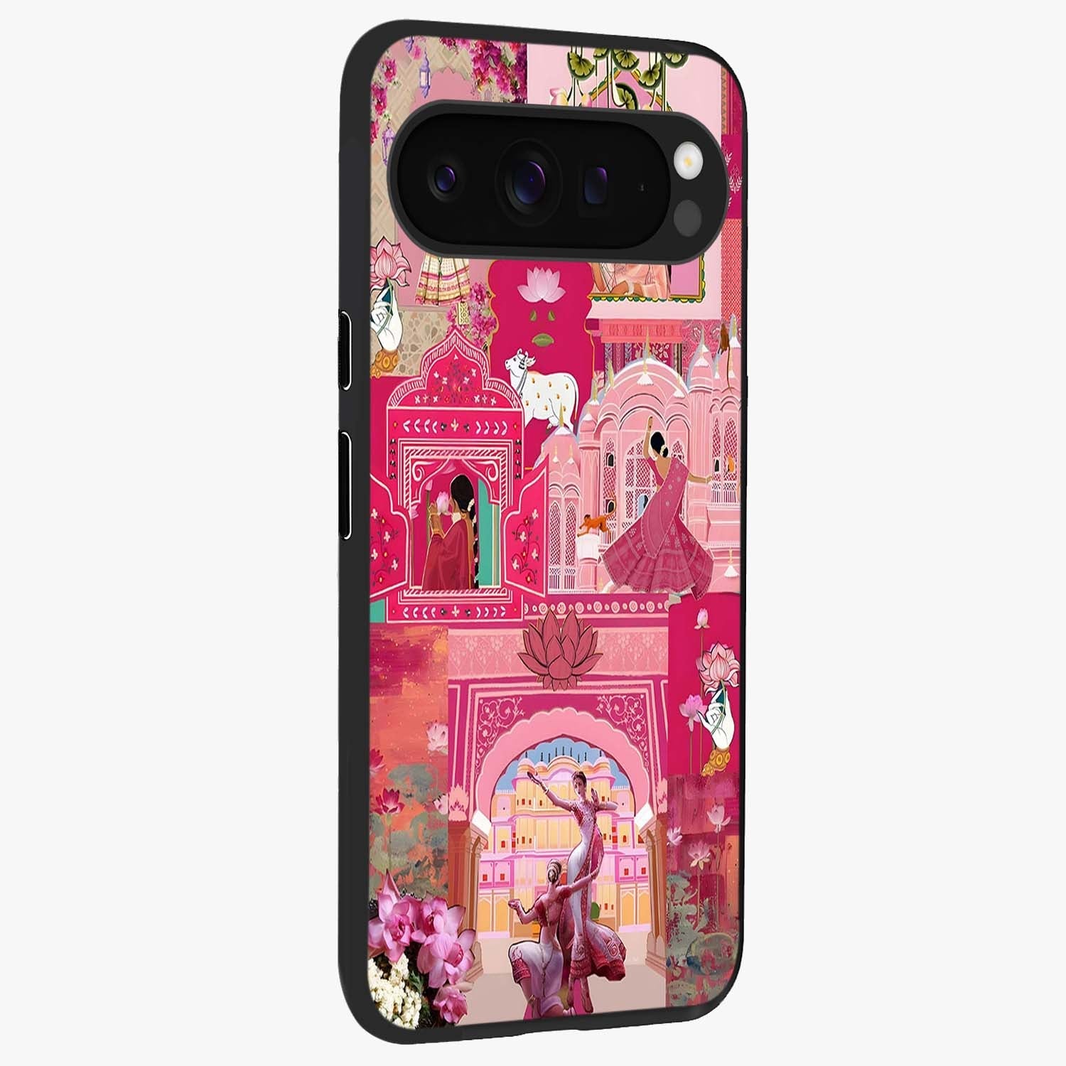 Blossoms of Rajasthan Glass Case upright view showcasing colorful floral design inspired by traditional Indian art.