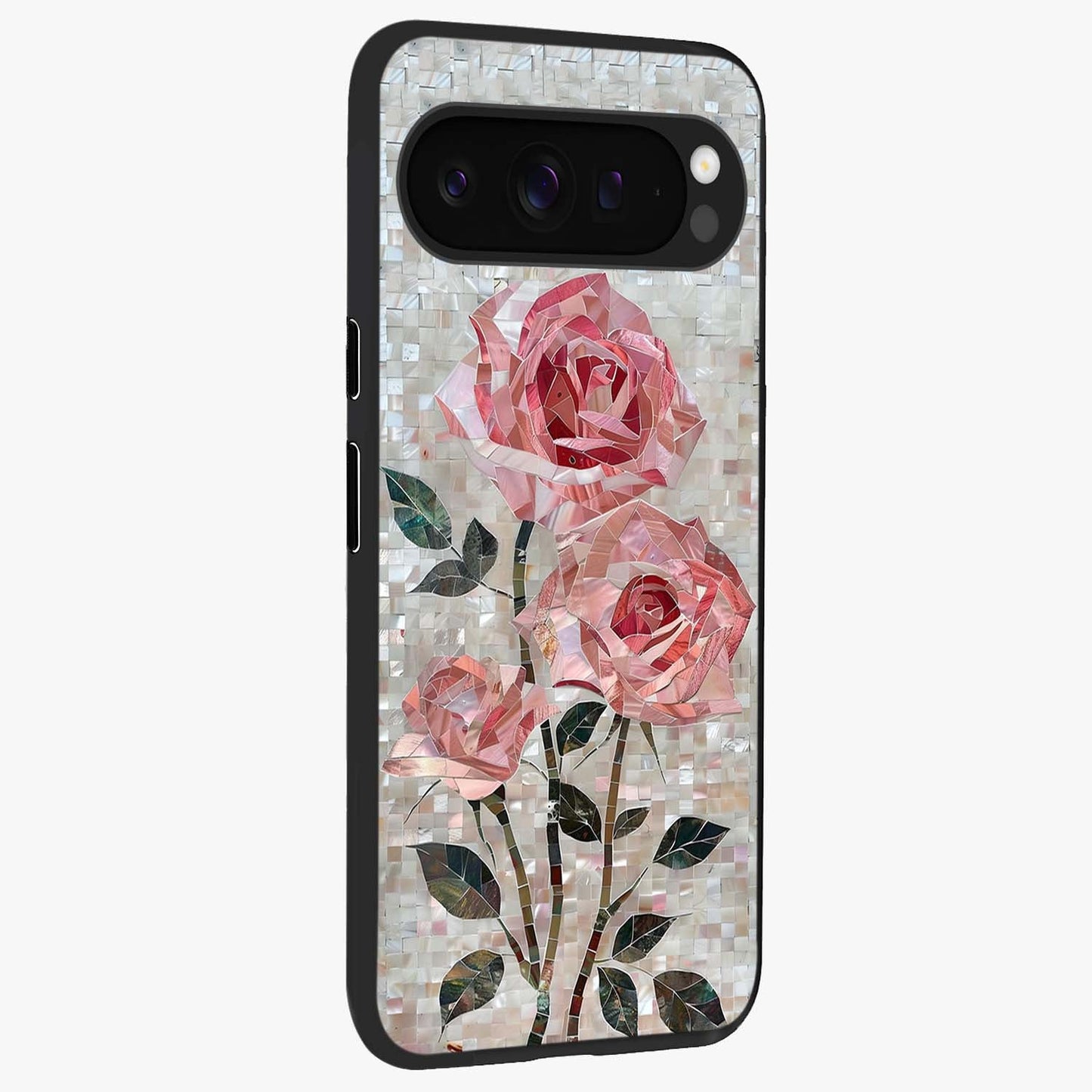 Blush Mosaic Bloom Glass Case upright view showcasing decorative floral mosaic artwork with stylish modern aesthetic.