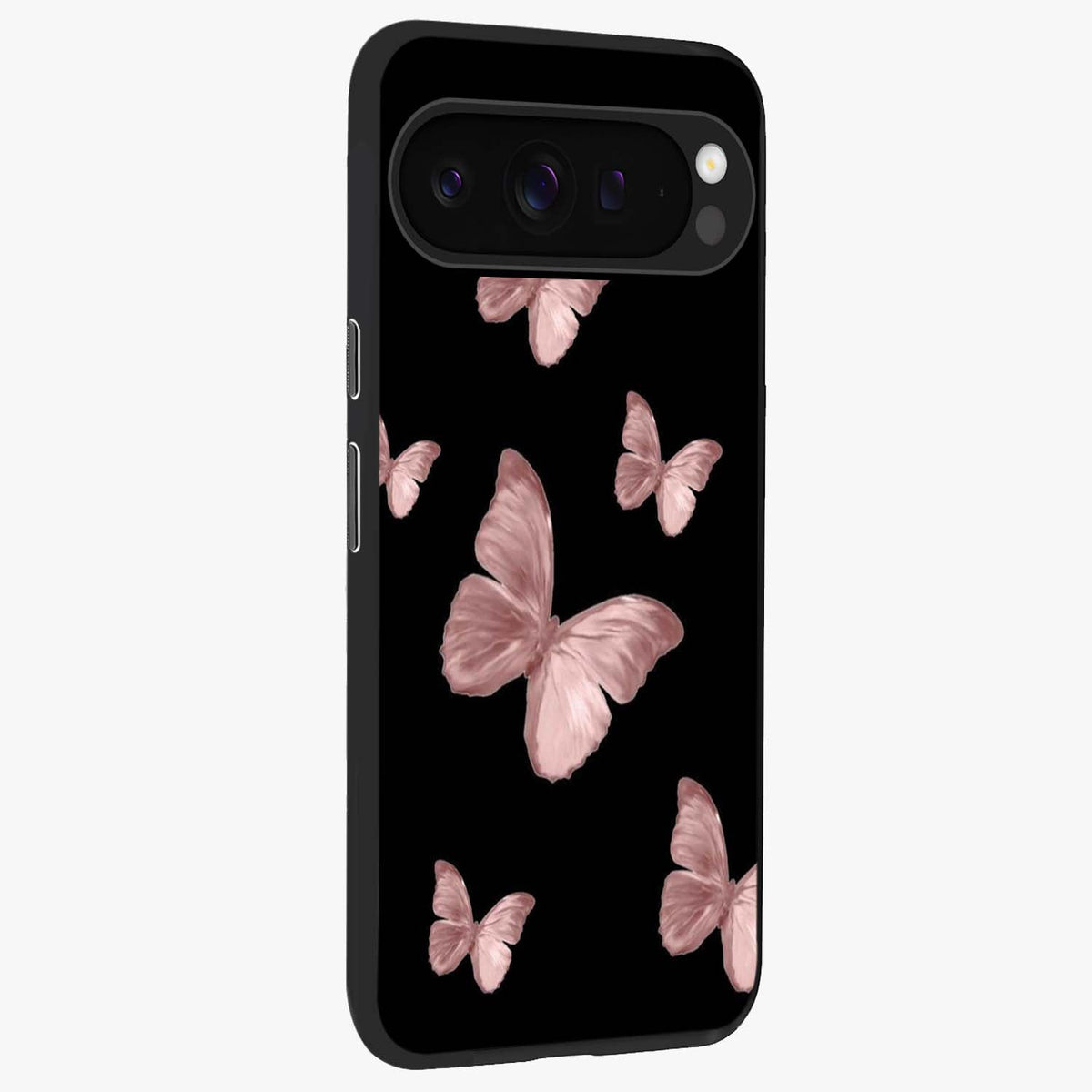 Butterfly Pattern Glass Case upright view showcasing graceful butterfly artwork with soft decorative theme.