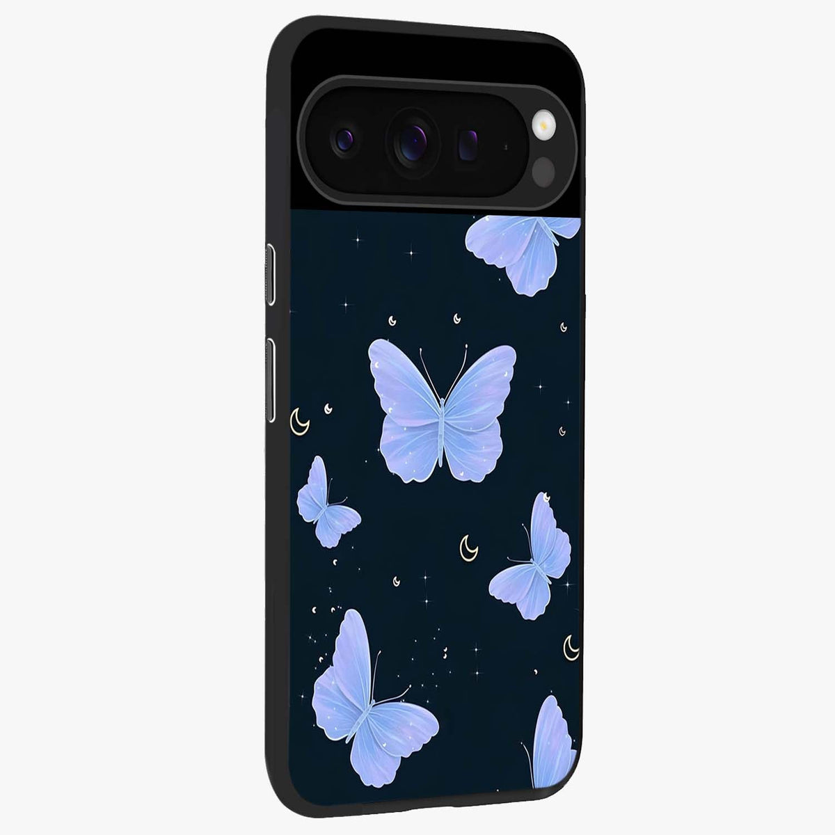 Butterfly With Stars Pattern Glass Case upright view showcasing celestial butterfly artwork with sparkling star elements.