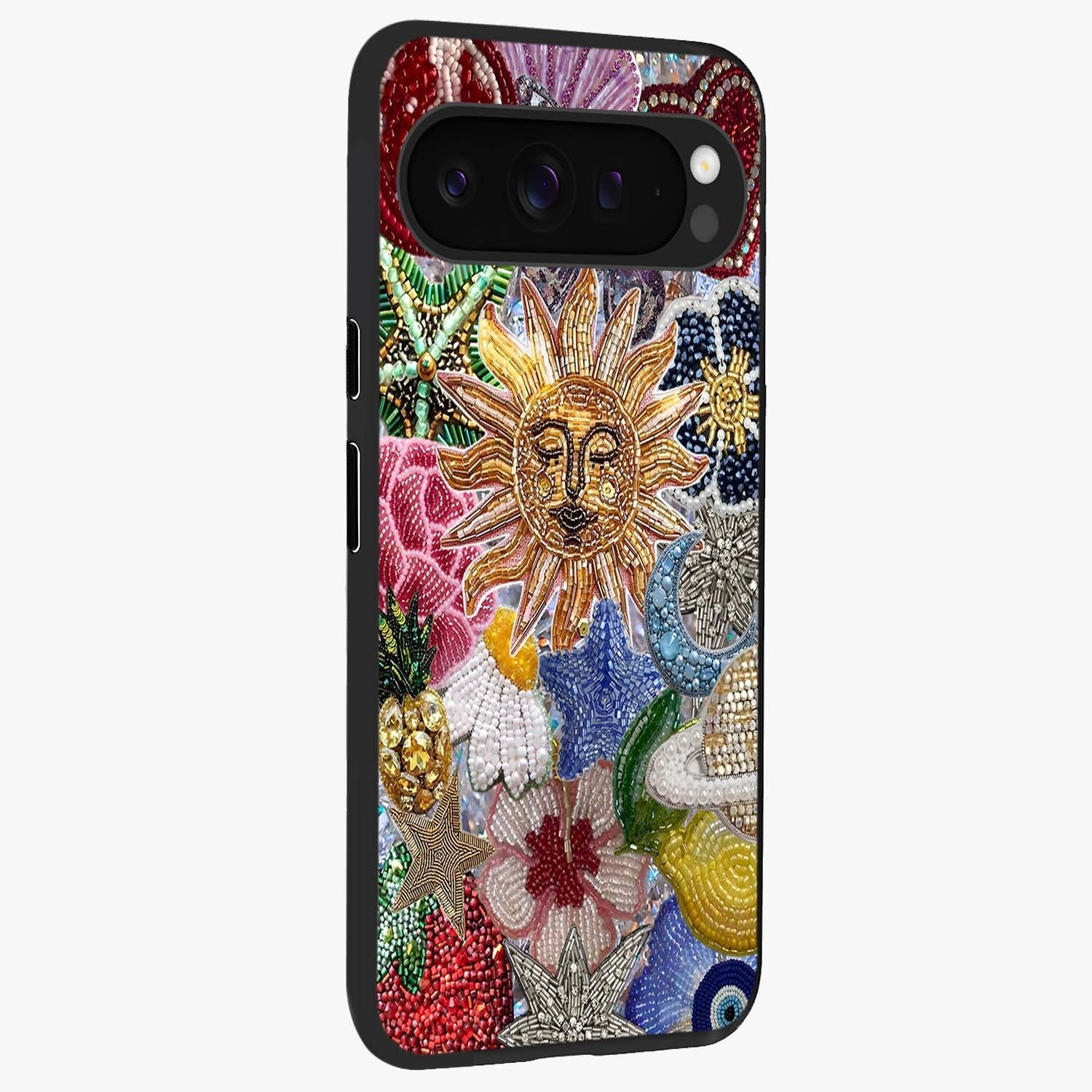 Celestial Floral and Playful Glass Case upright view showcasing whimsical floral artwork with cosmic aesthetic theme.