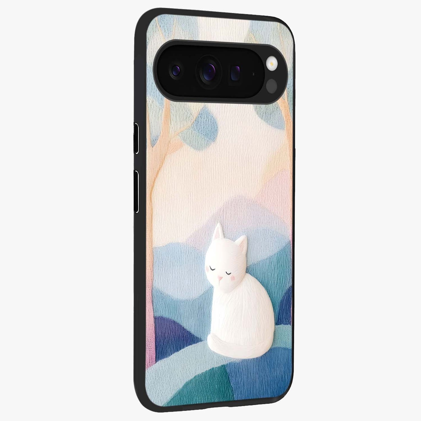 Cotton Dream Cat Glass Case upright view showcasing charming cat artwork with cozy dreamy theme.