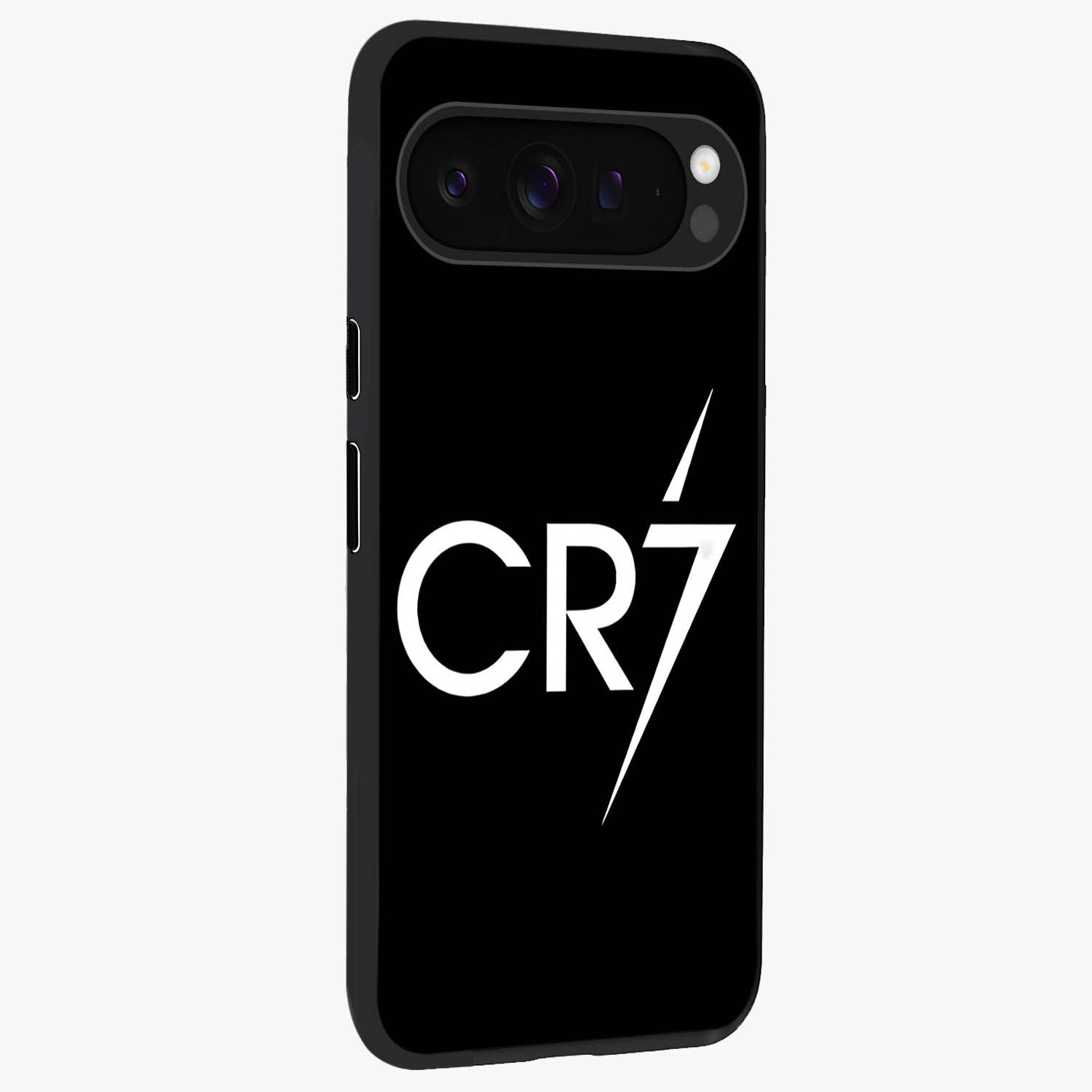 Cr7 Elite Strike Glass Case upright view showcasing energetic football inspired design with modern sports aesthetic.