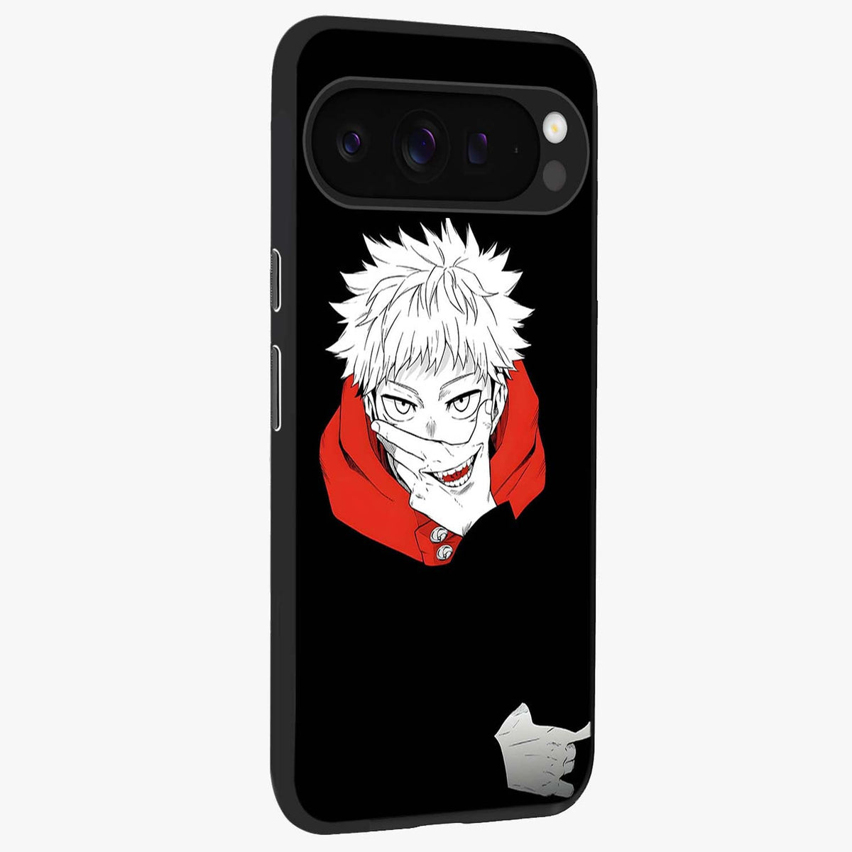 Crimson Chaos Smile Glass Case upright view showcasing expressive chaotic artwork with striking visual theme.