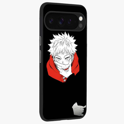Crimson Chaos Smile Glass Case upright view showcasing expressive chaotic artwork with striking visual theme.