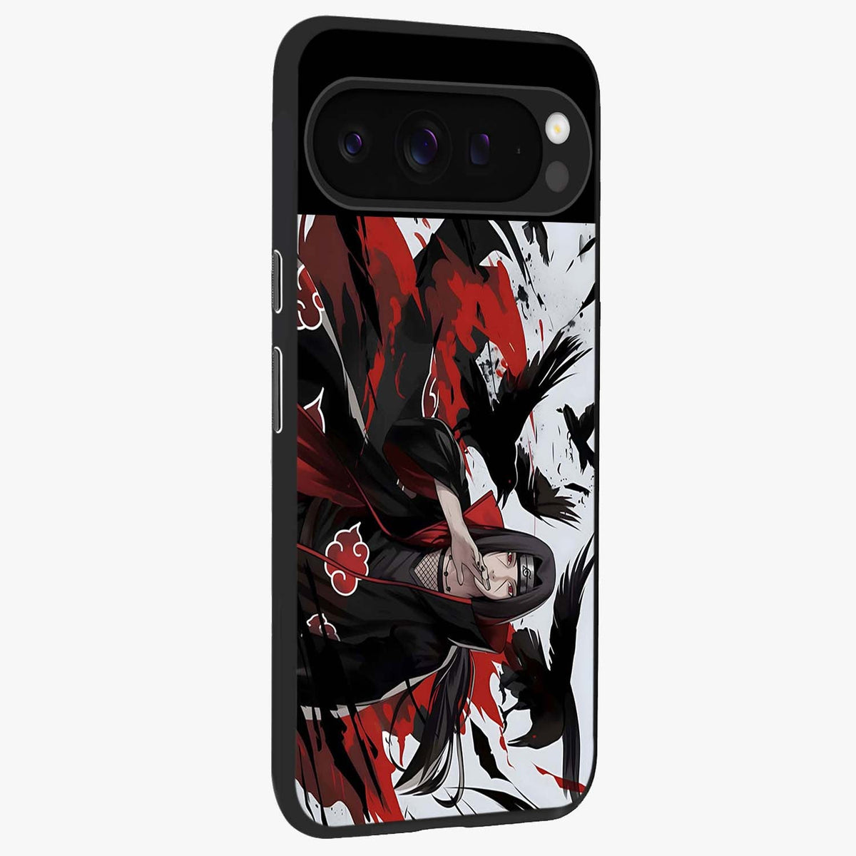 Crimson Crow Illusion Glass Case upright view showcasing striking crow illusion artwork with intense crimson theme.