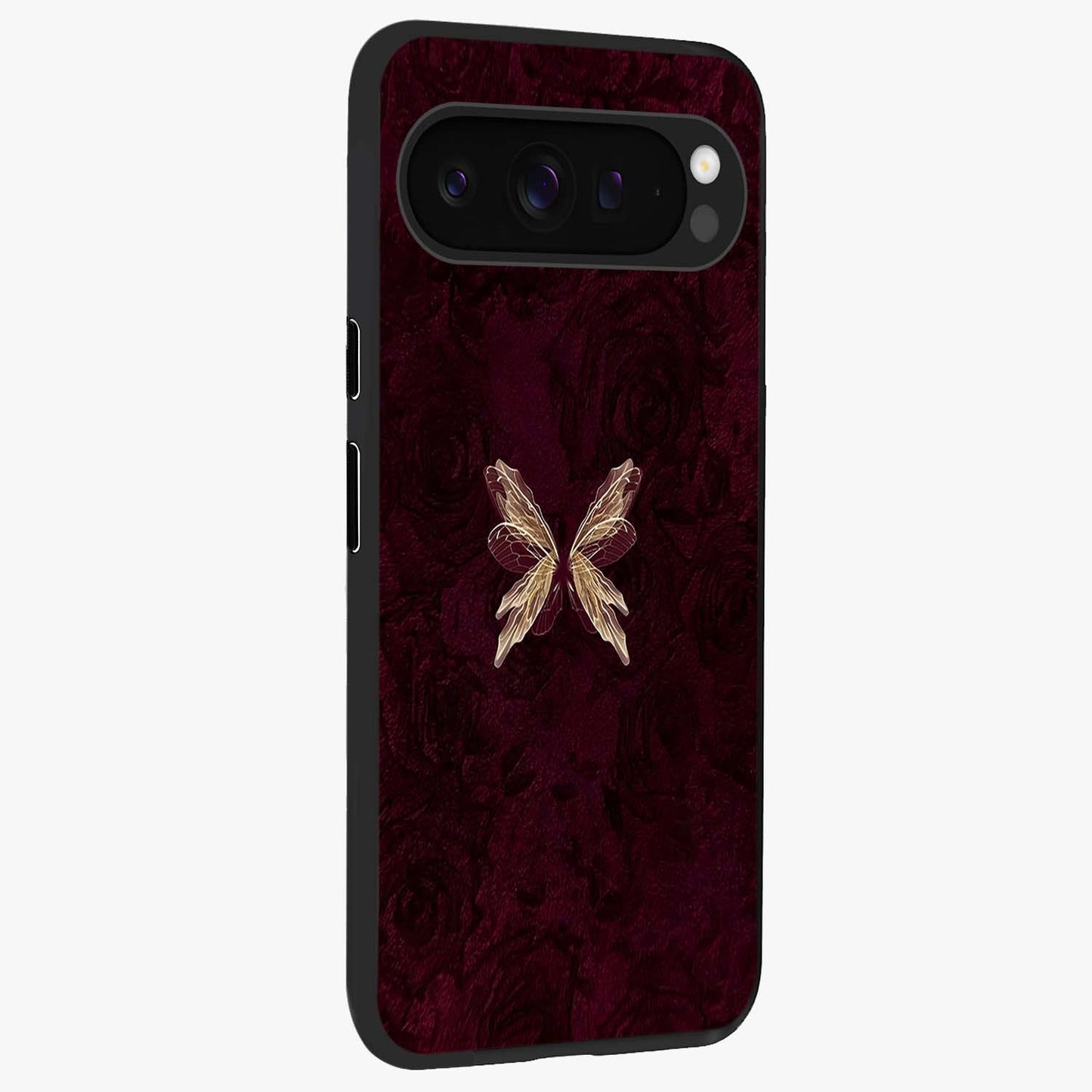 Crimson Fade Butterfly Glass Case upright view showcasing graceful butterfly artwork with soft crimson fade effect.