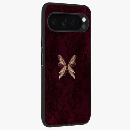 Crimson Fade Butterfly Glass Case upright view showcasing graceful butterfly artwork with soft crimson fade effect.