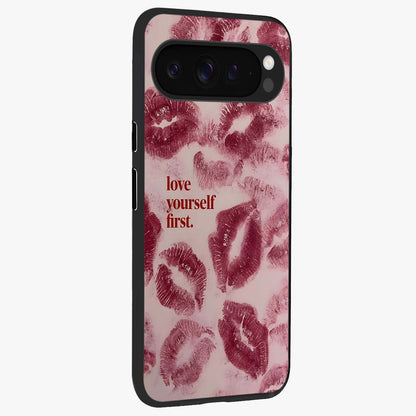Crimson Kiss Love Glass Case upright view showcasing expressive romantic artwork with deep crimson theme.