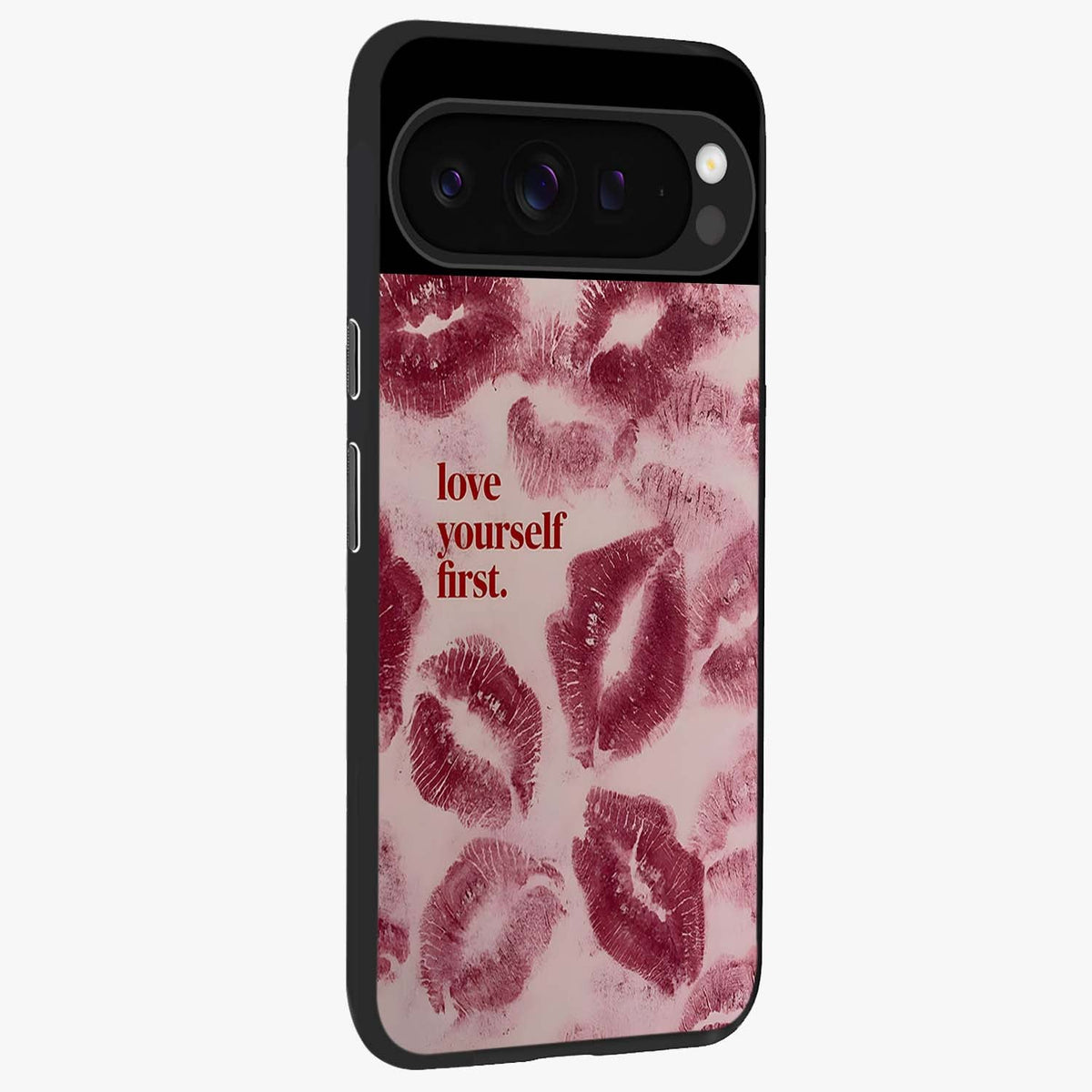 Crimson Kiss Love Glass Case upright view showcasing expressive romantic artwork with deep crimson theme.
