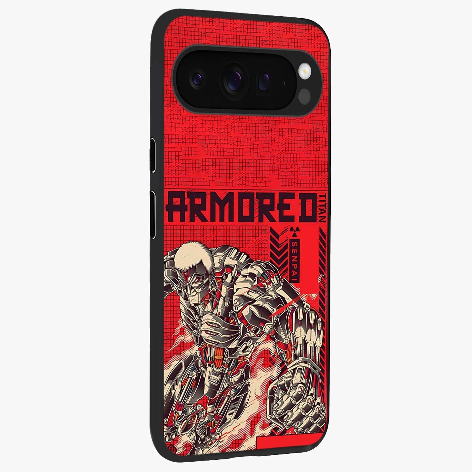 Crimson Mecha Titan Glass Case upright view showcasing dynamic robotic titan design with sci-fi inspired theme.