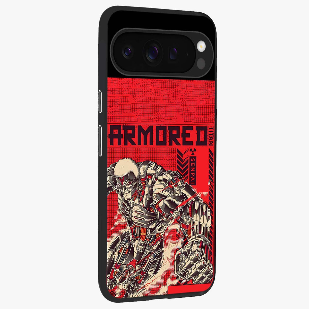 Crimson Mecha Titan Glass Case upright view showcasing dynamic robotic titan design with sci-fi inspired theme.
