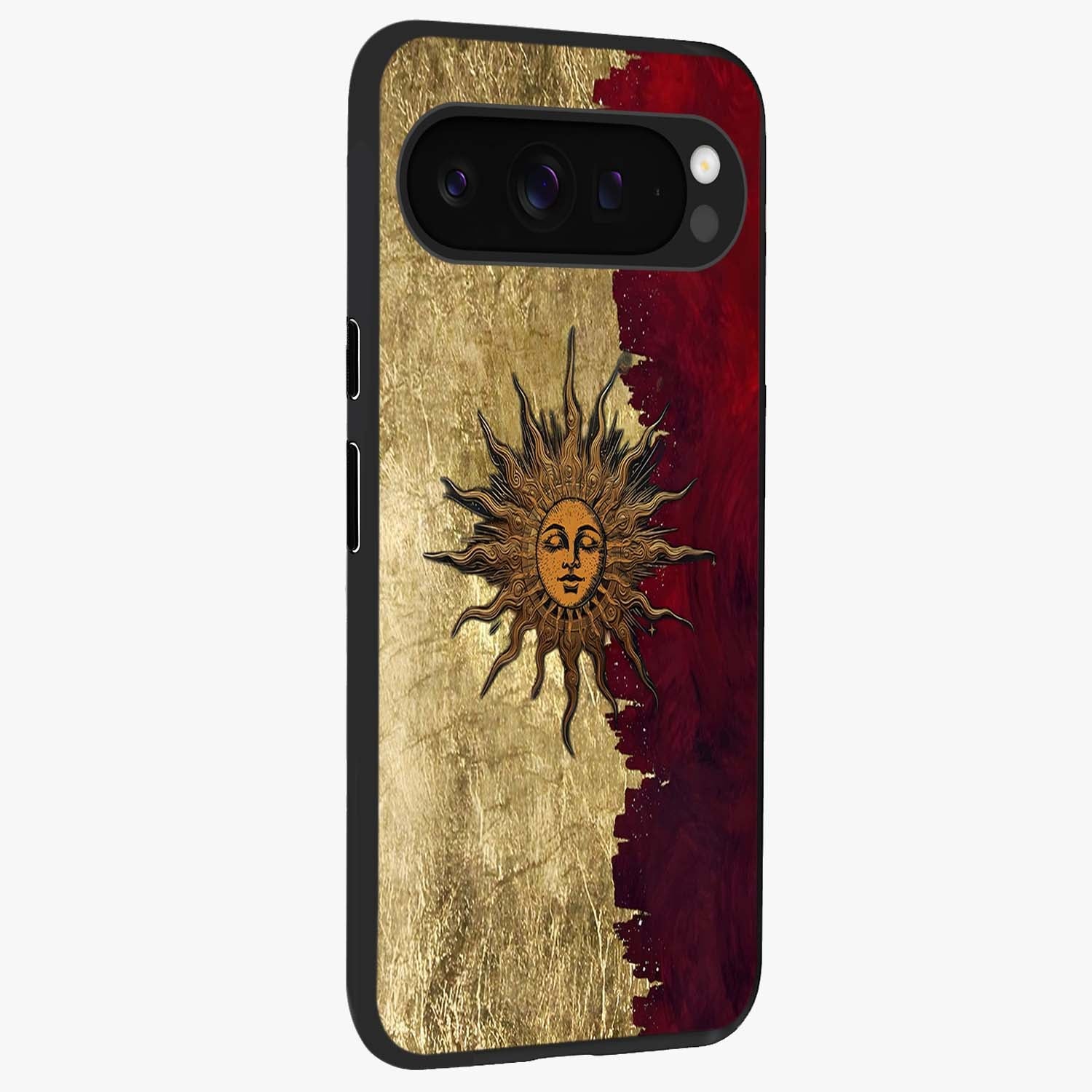 Crimson Sun Majesty Glass Case upright view showcasing vibrant sun artwork with powerful celestial theme.