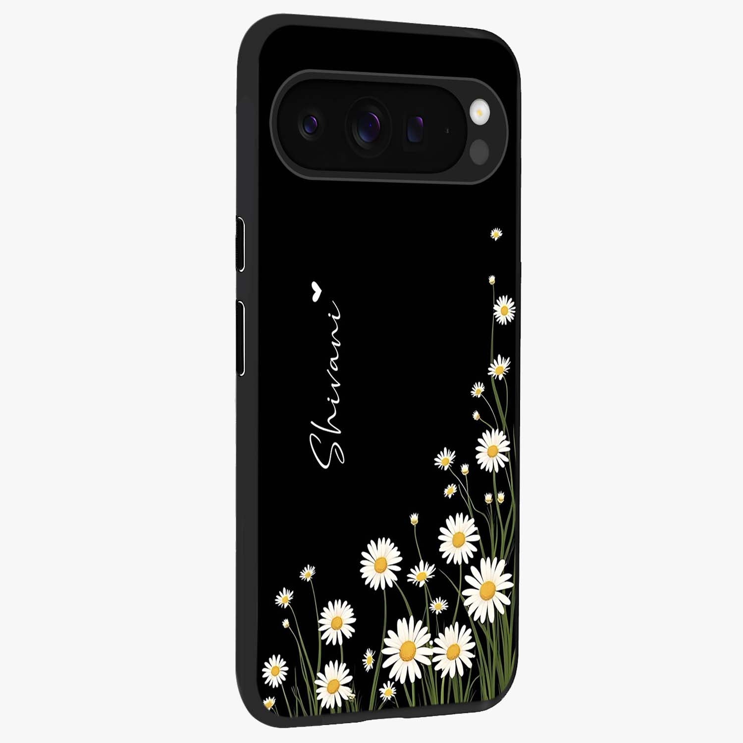 Daisy Cascade Custom Name Glass Case upright view showcasing elegant floral cascade design with personalized aesthetic.