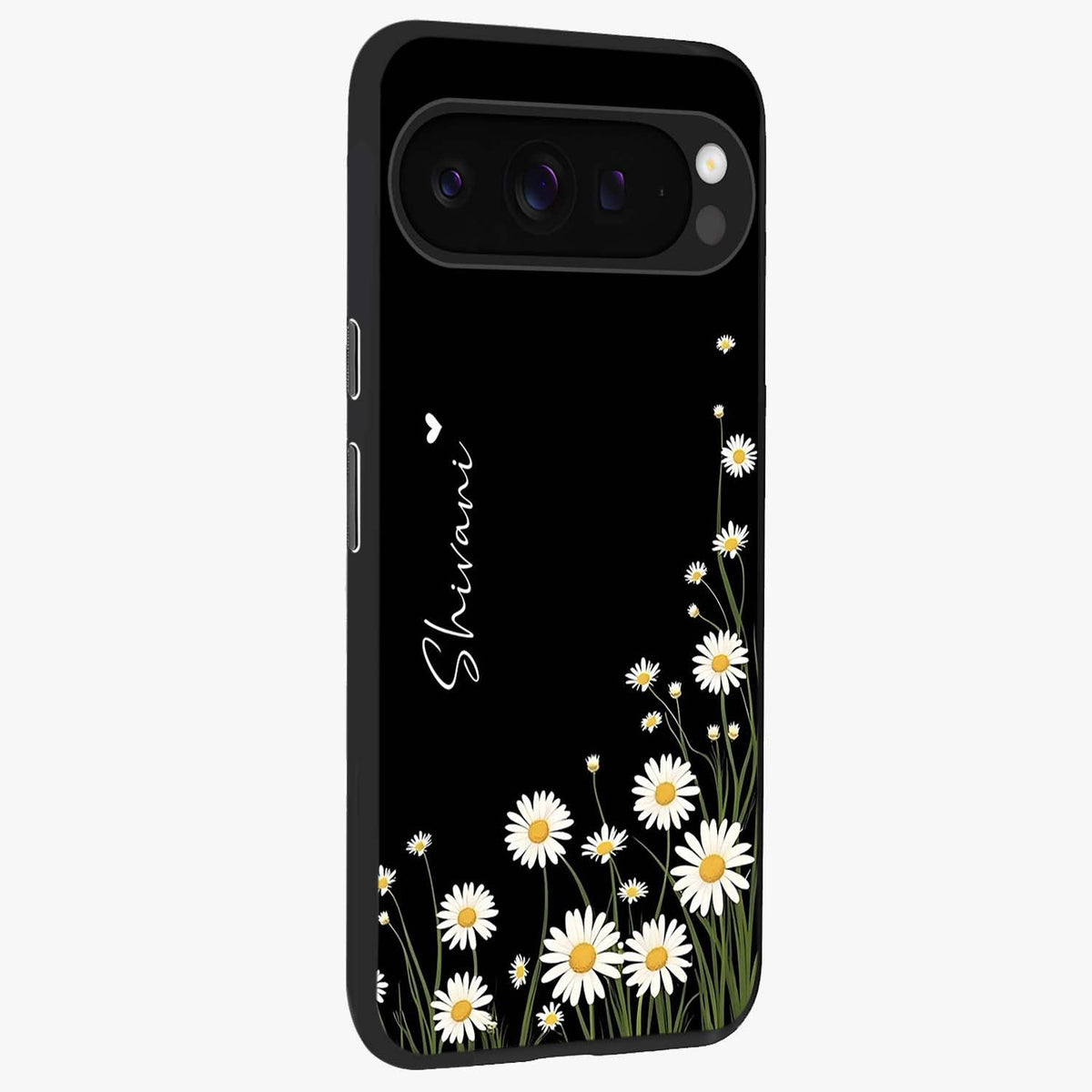 Daisy Cascade Custom Name Glass Case upright view showcasing elegant floral cascade design with personalized aesthetic.