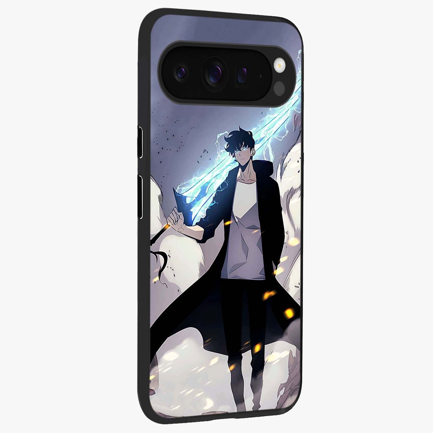 Dark Lightning Anime Warrior Glass Case upright view showcasing dramatic warrior artwork with dark lightning aesthetic.