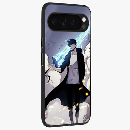 Dark Lightning Anime Warrior Glass Case upright view showcasing dramatic warrior artwork with dark lightning aesthetic.
