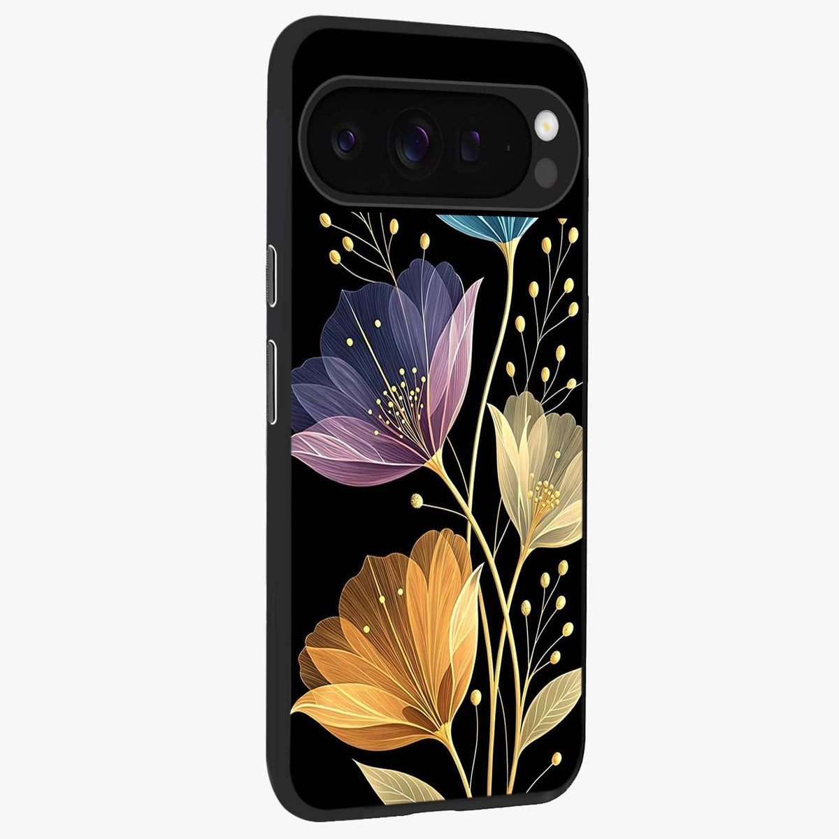 Delicate Multicolor Flowers Glass Case upright view showcasing delicate floral artwork with bright botanical theme.