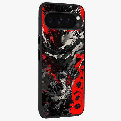 Demon Sword Resolve Glass Case upright view showcasing dramatic warrior artwork with intense battle theme.