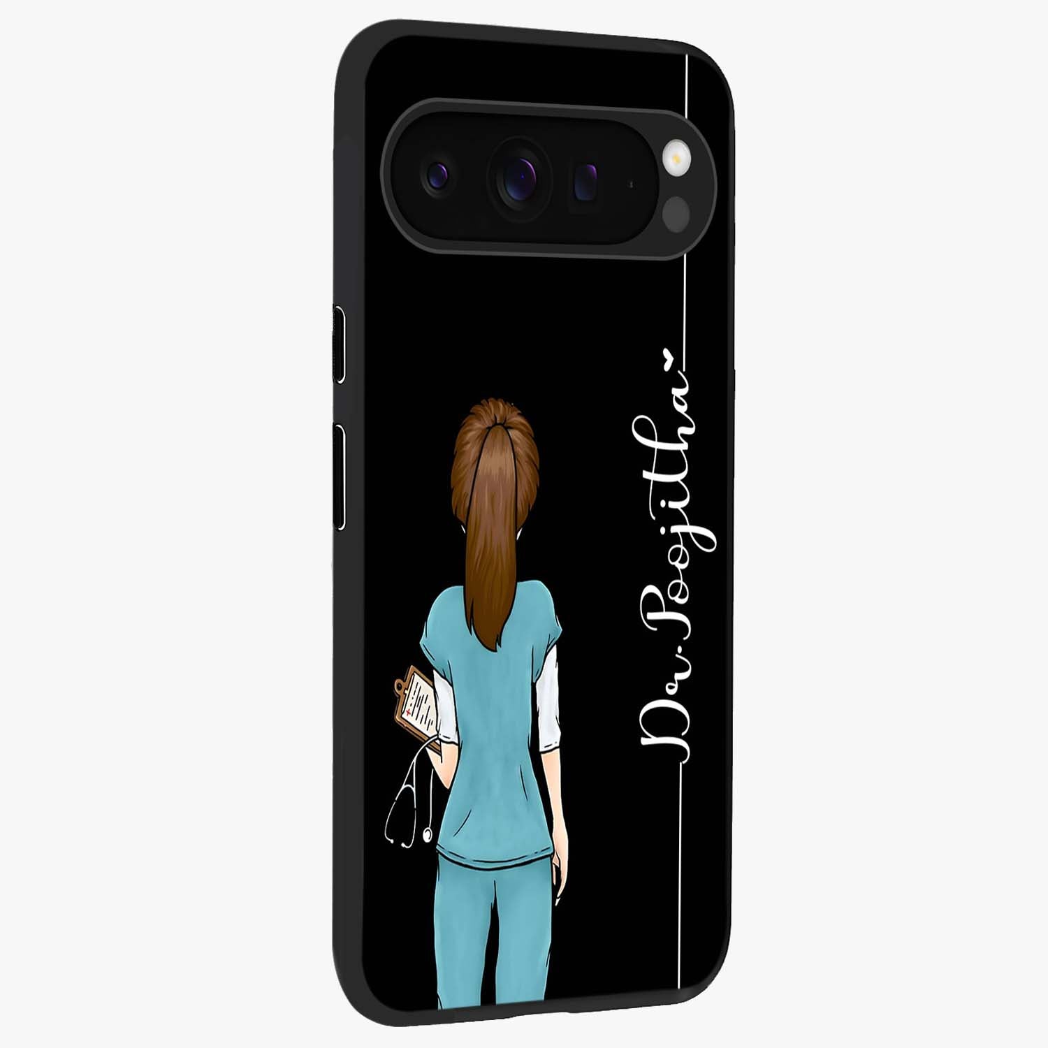 Doctor Pattern Custom Name Glass Case upright view showcasing healthcare themed design with personalized aesthetic.