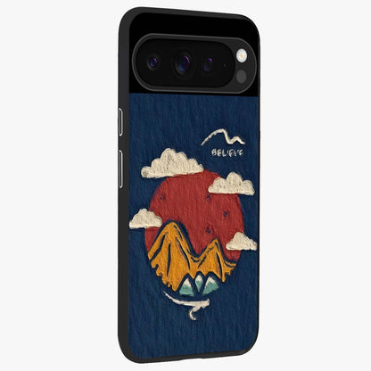 Dream Beyond Mountains Glass Case upright view showcasing beautiful mountain scenery with inspirational nature theme.