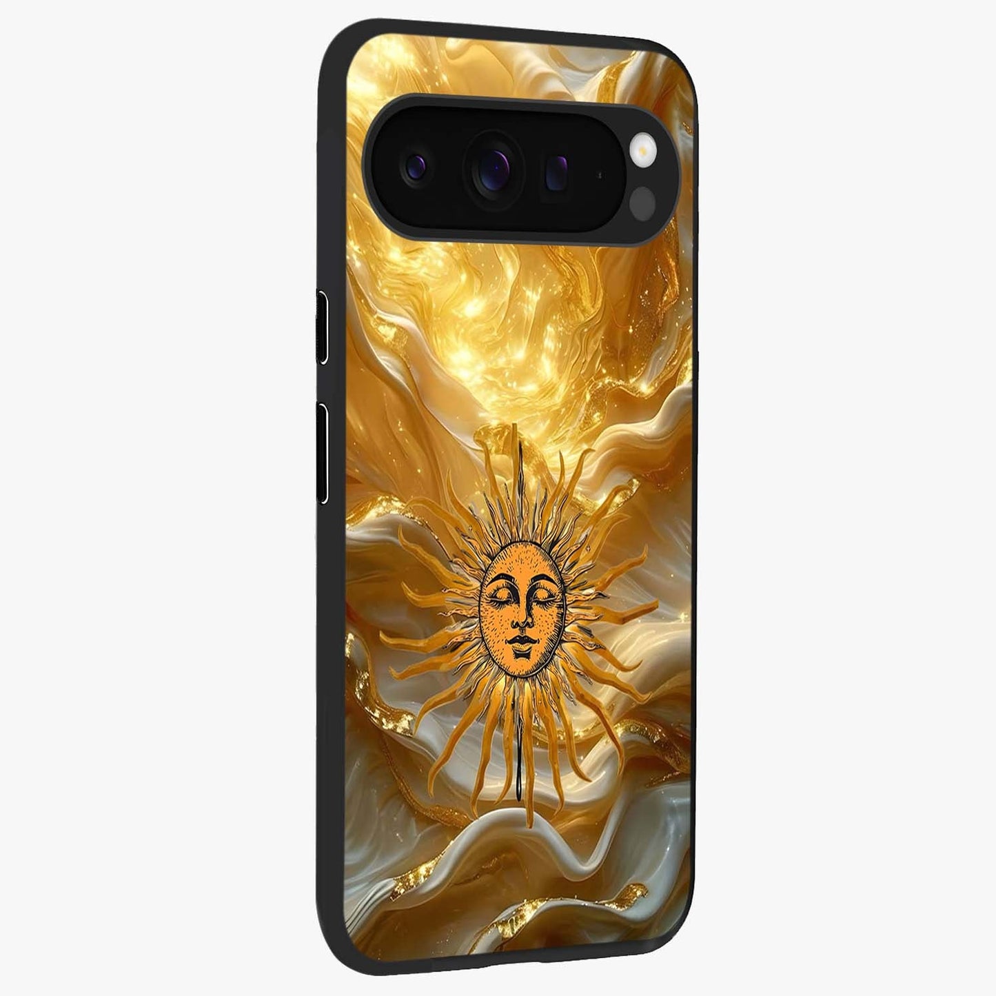Eternal Golden Glow Glass Case upright view showcasing luminous golden artwork with luxurious visual theme.