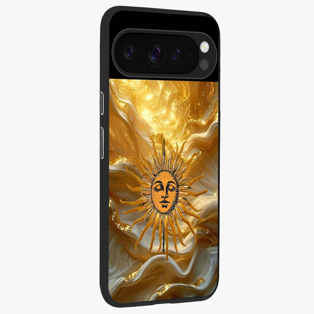 Eternal Golden Glow Glass Case upright view showcasing luminous golden artwork with luxurious visual theme.