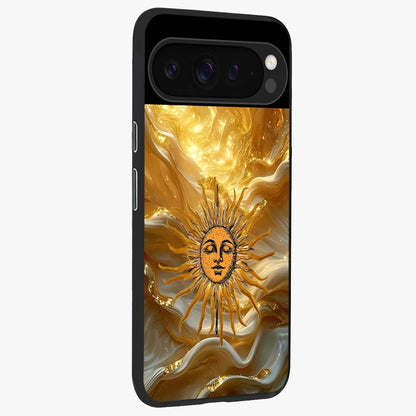 Eternal Golden Glow Glass Case upright view showcasing luminous golden artwork with luxurious visual theme.