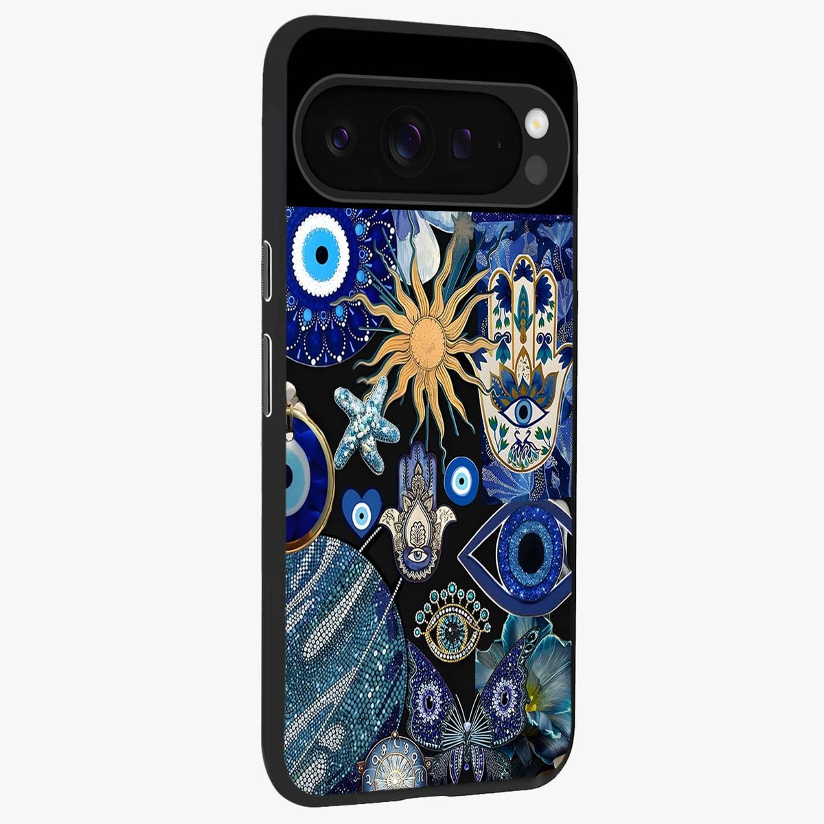 Evil Eye Charm Mix Glass Case upright view showcasing mystical evil eye pattern with vibrant decorative style.
