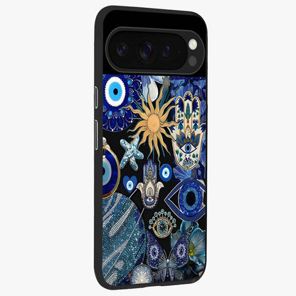 Evil Eye Charm Mix Glass Case upright view showcasing mystical evil eye pattern with vibrant decorative style.