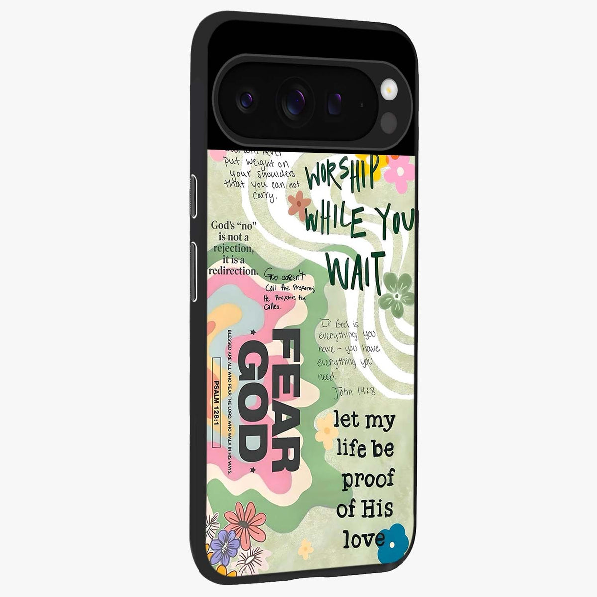 Faith Over Fear Glass Case upright view showcasing bold typography artwork with uplifting motivational theme.