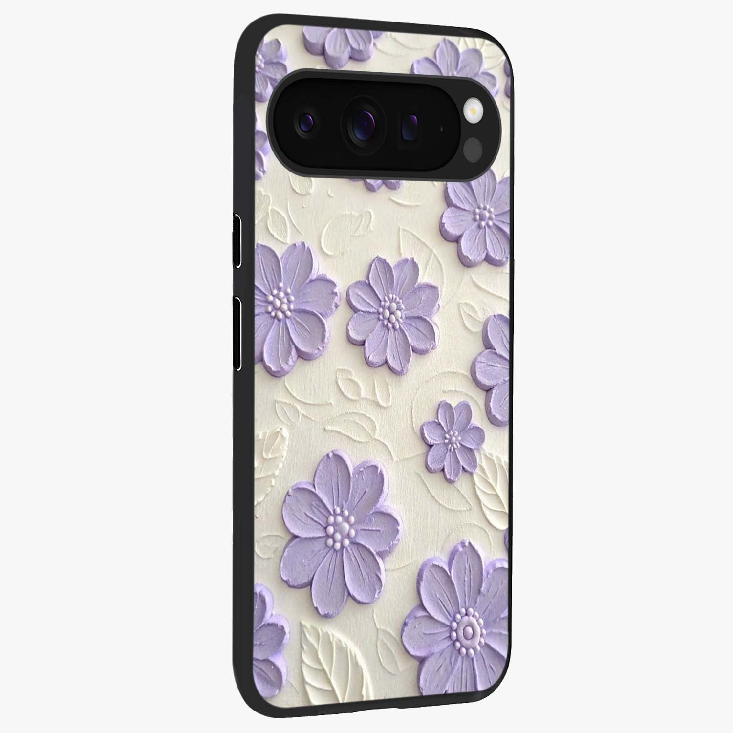 Floral Wall Art With Purple Flowers Glass Case upright view showcasing elegant purple flower artwork with decorative floral theme.