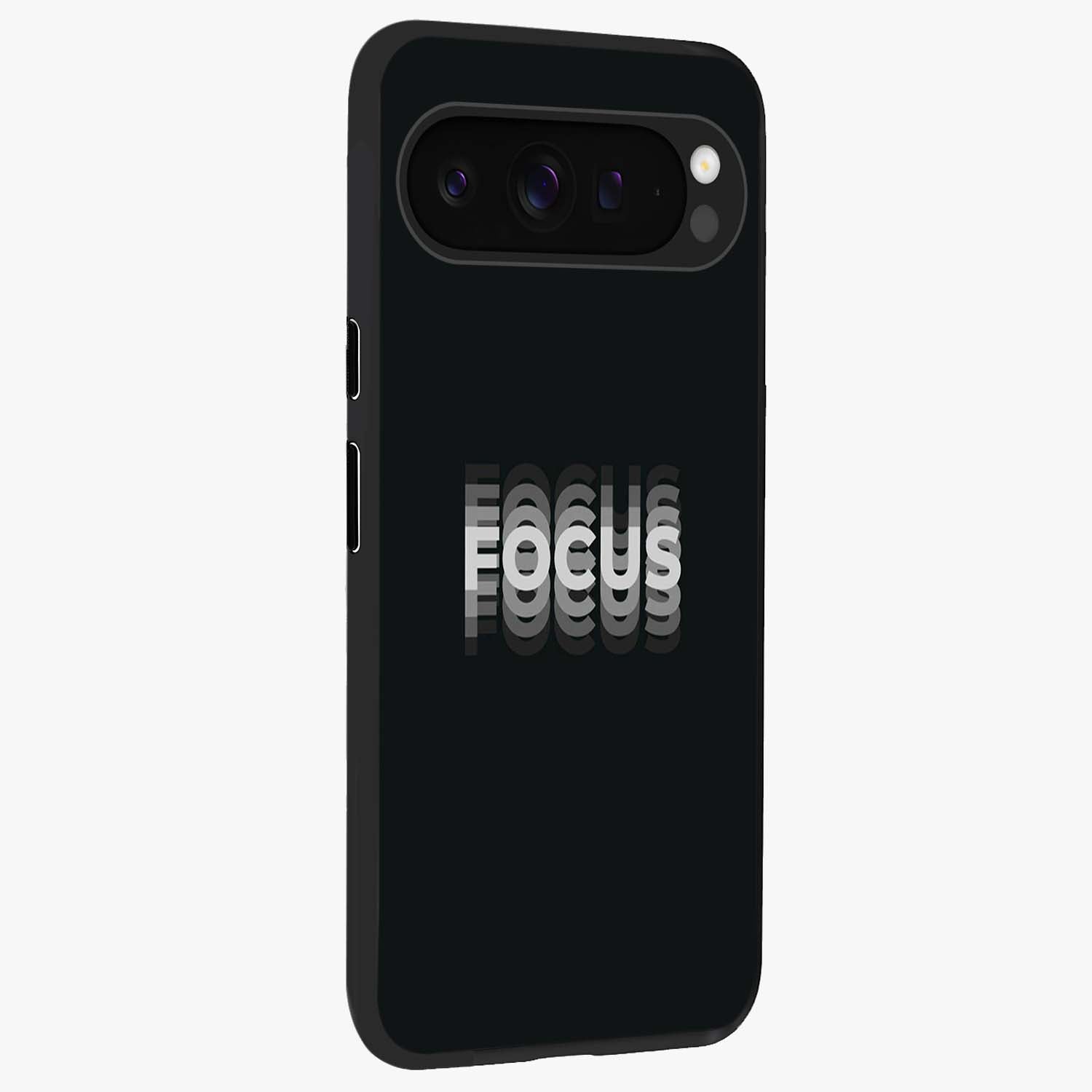 Focus Mode On Glass Case upright view showcasing strong typography statement with sleek motivational theme.