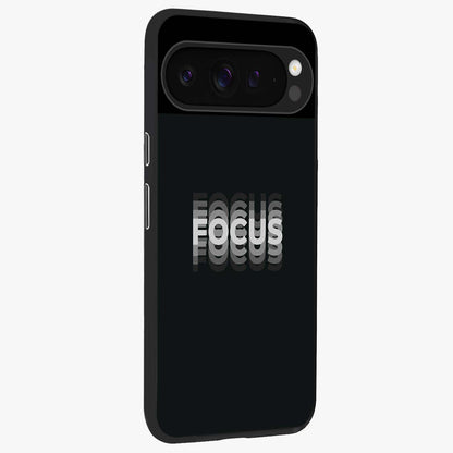 Focus Mode On Glass Case upright view showcasing strong typography statement with sleek motivational theme.