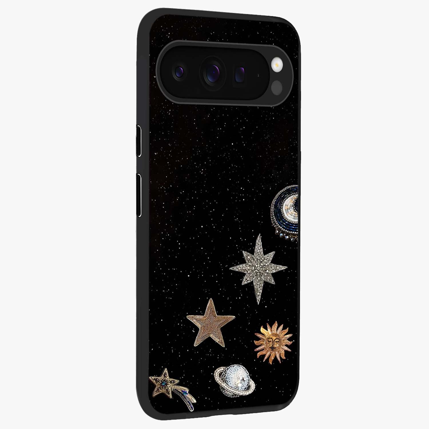 Galactic Charm Glow Glass Case upright view showcasing glowing cosmic charm artwork with magical celestial style.